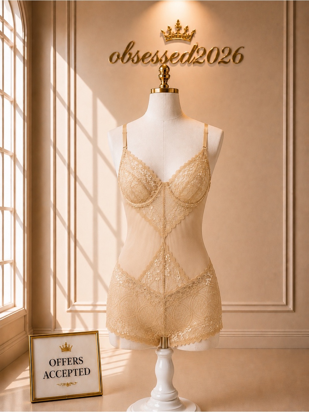 Nude/Champagne Lace Mesh  Bodysuit Lingerie Open-back Underwire 💎